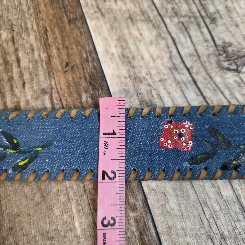 Vintage Denim Leather Belt Whipstitch Floral Embroidered Wide Belt Boho 30 - Picture 8 of 11